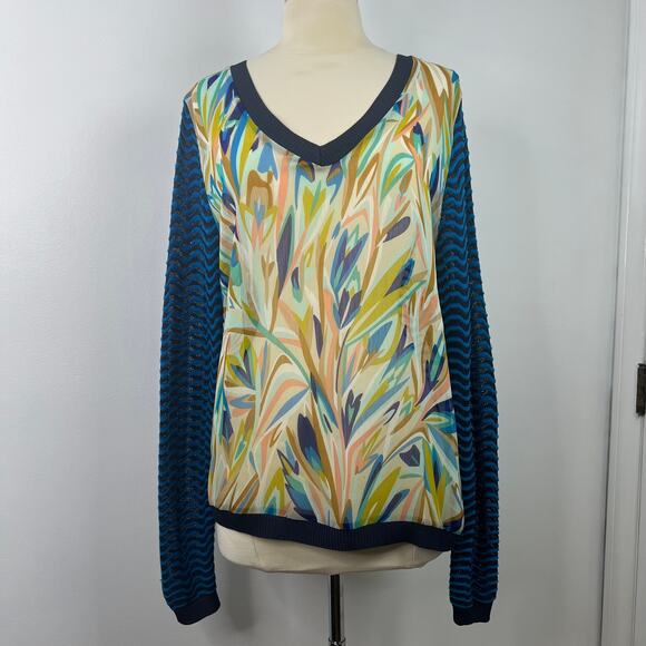 MISSONI Top Mixed Media Artsy Floral Retro Blouse Blue Zig Zag Pattern Size XL - Picture 6 of 16